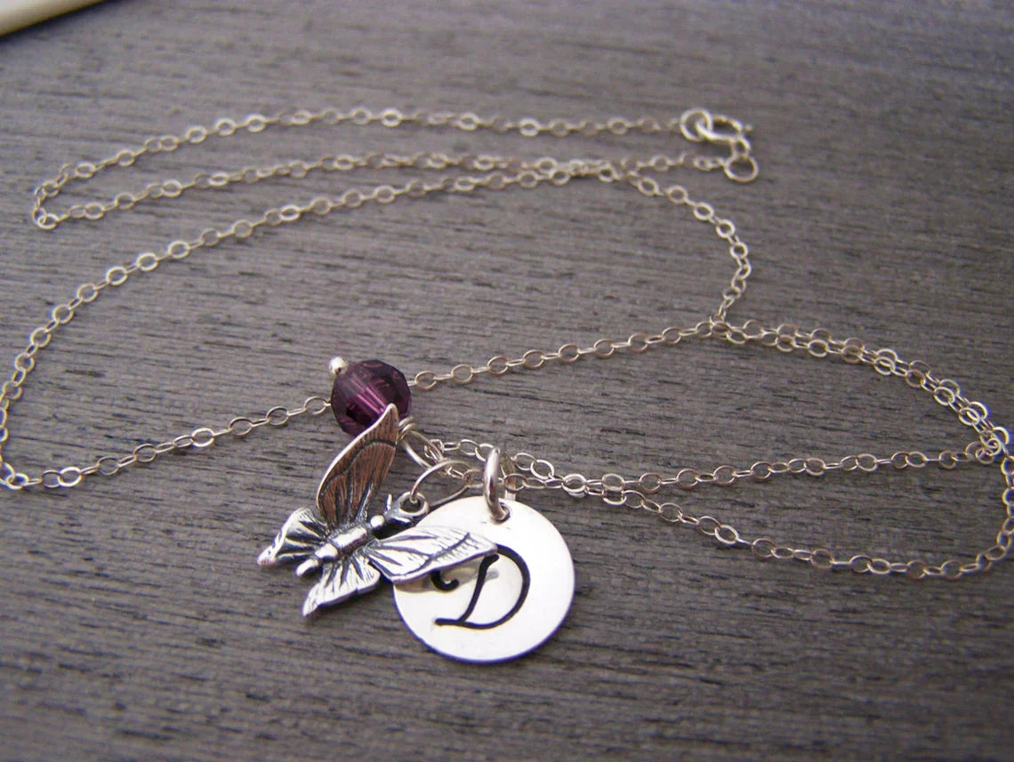 Collier papillon personnalisé – Breloque en argent sterling massif avec pierre de naissance et initiale