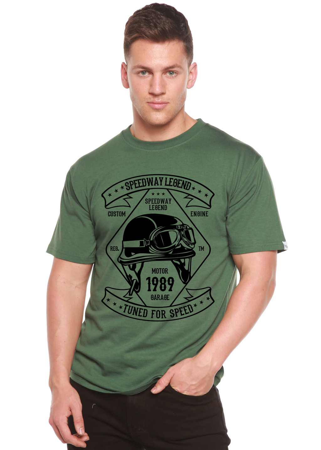 T-shirt graphique Speedway Legend Spun Bamboo® à manches courtes en viscose de bambou/coton biologique pour homme