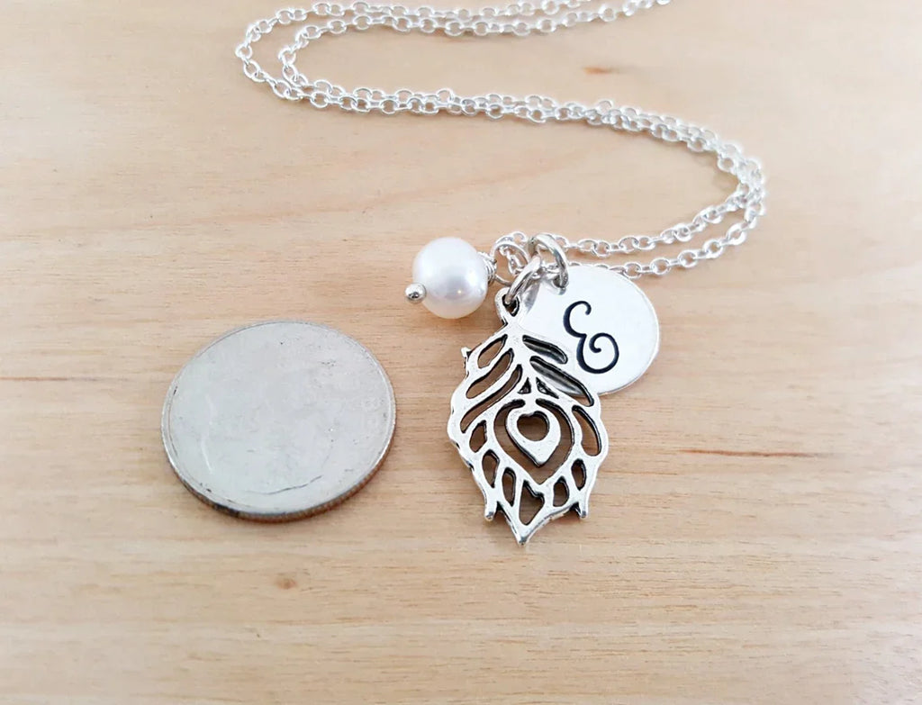 Peacock Feather Necklace – Sterling Silver with Birthstone & Initial Charm