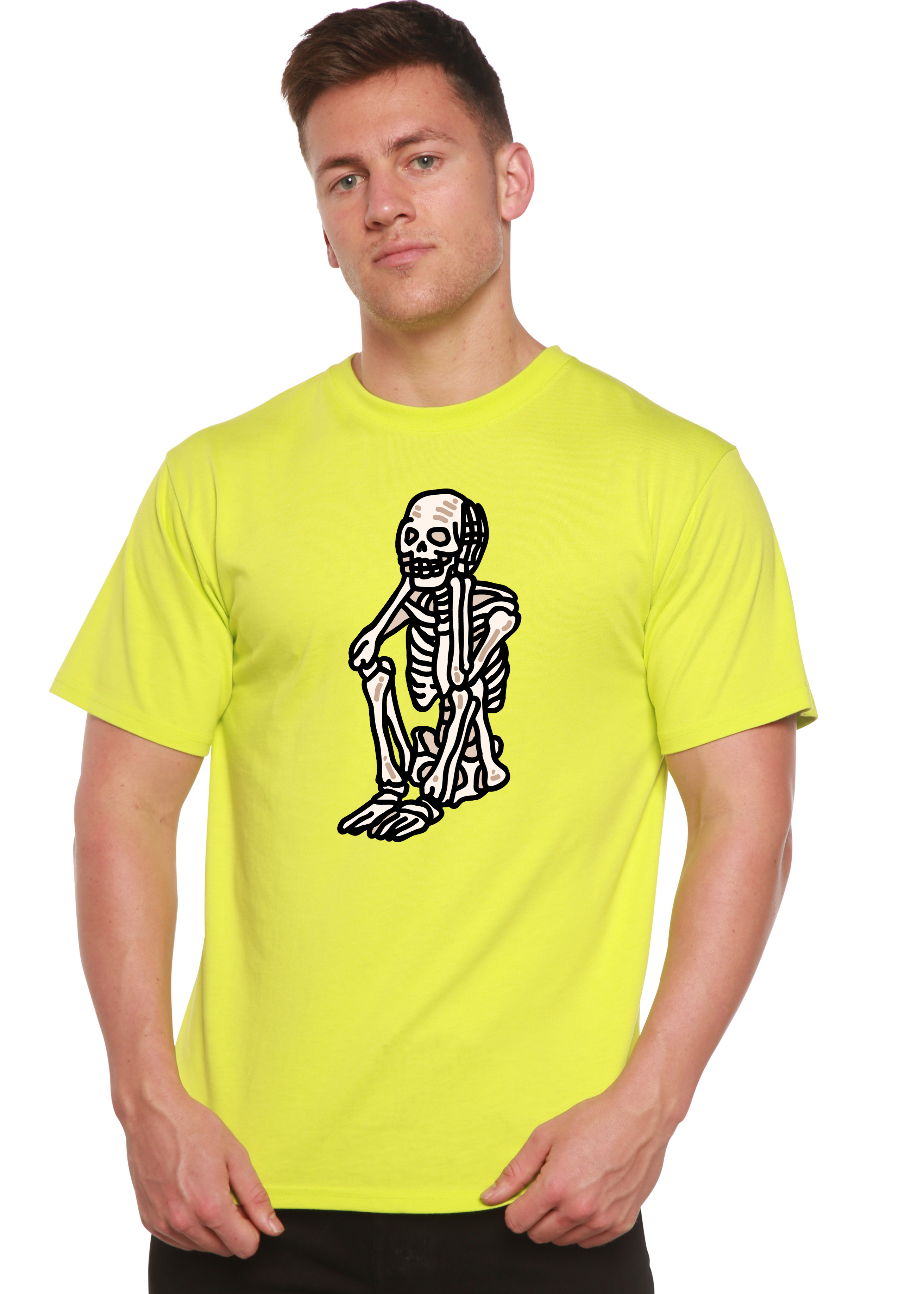 T-shirt graphique unisexe squelette triste Halloween en bambou viscose/coton biologique à manches courtes