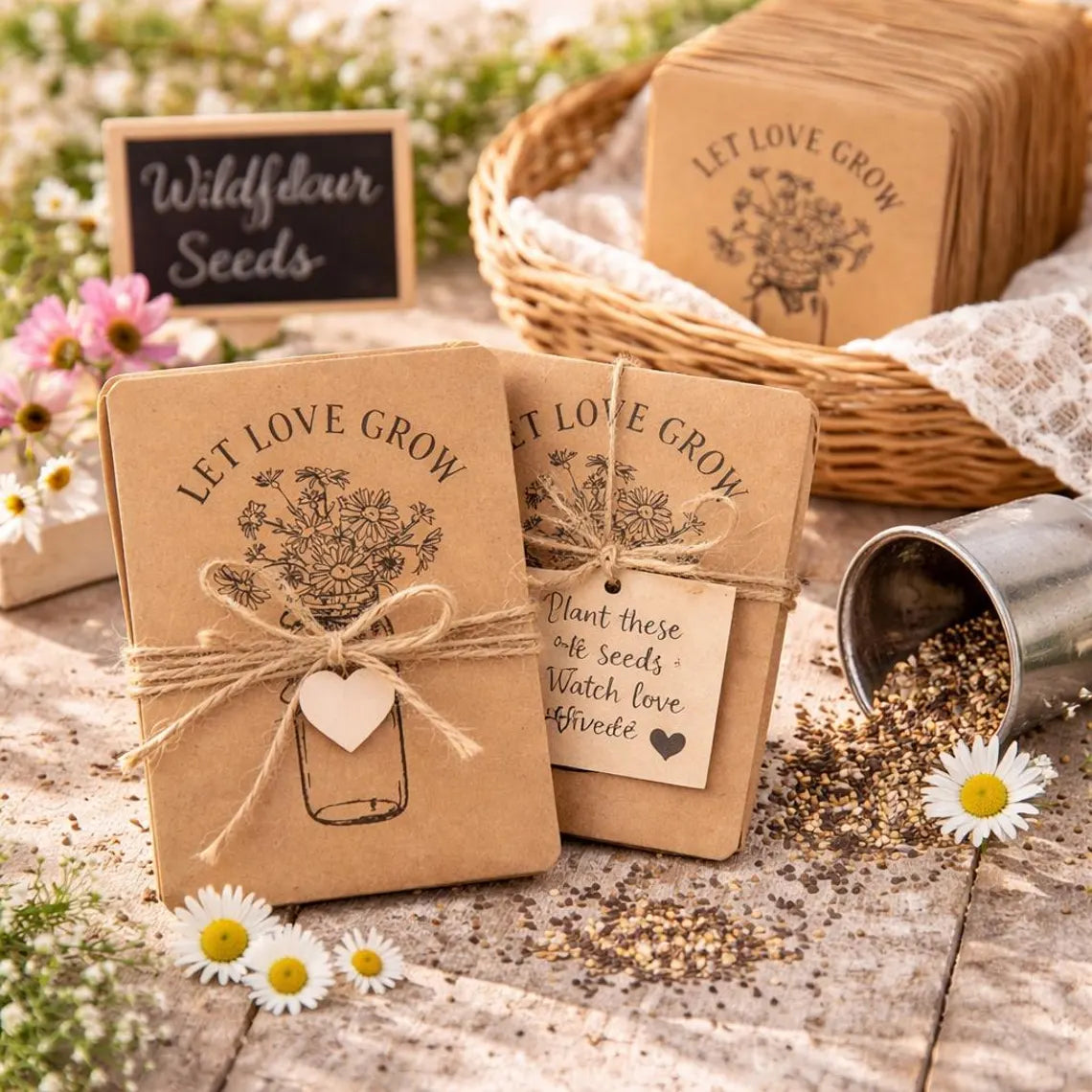 25 paquets de graines de fleurs sauvages pour mariage – « Let Love Grow » sachets de style pot Mason