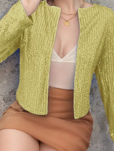 Veste courte élégante à sequins ouverte sur le devant pour femme avec des paillettes glamour, Veste de soirée de luxe pour femme