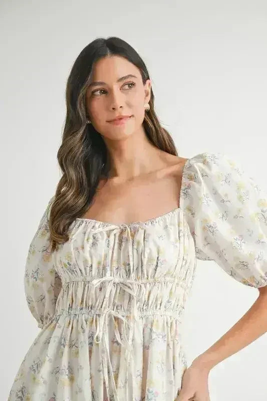 Robe midi MABLE à manches bouffantes avec cordon de serrage et motif floral