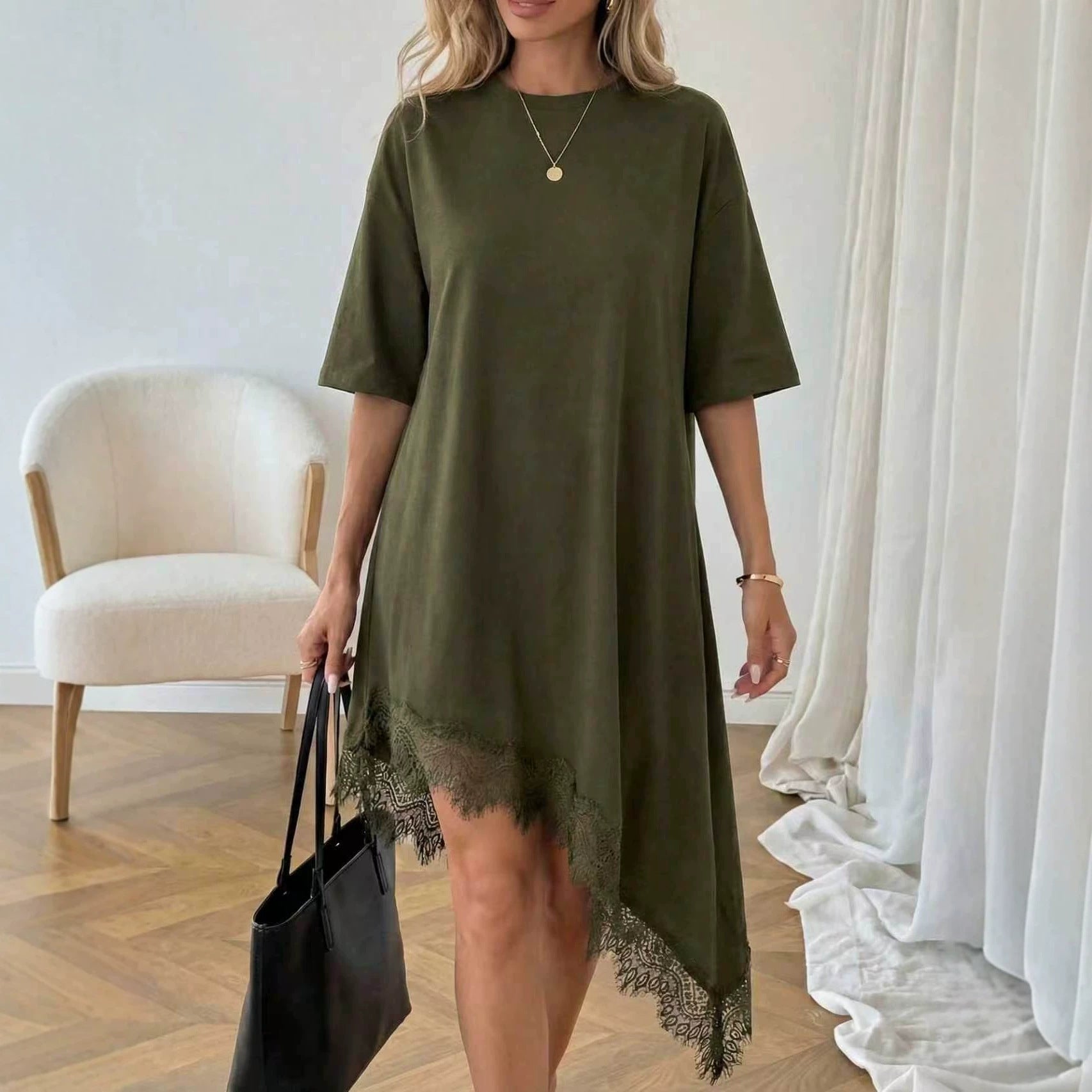 Robe asymétrique à manches trois quarts avec dentelle pour femme