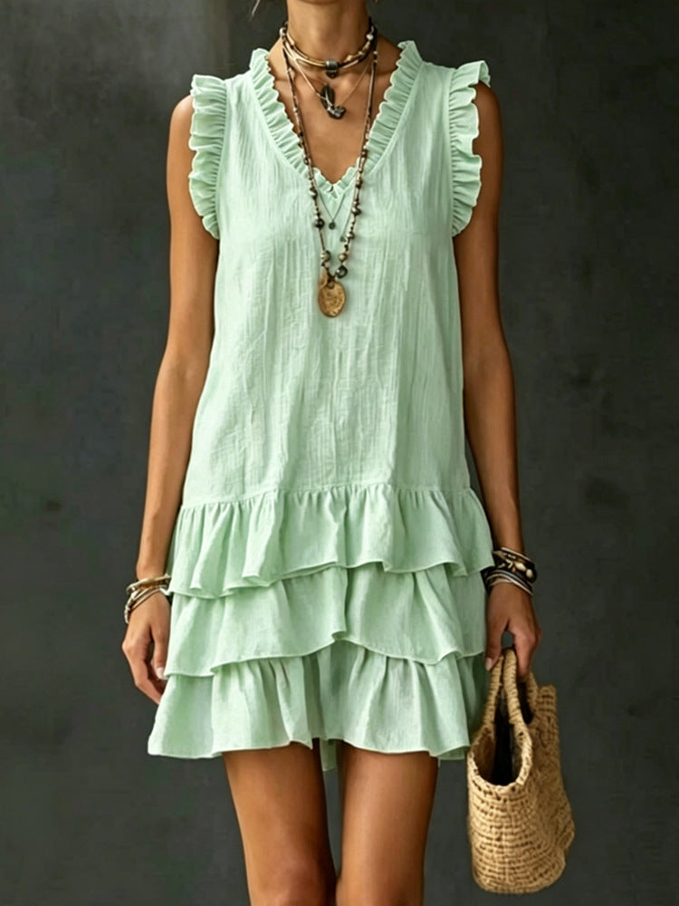 Robe midi sans manches à volants et encolure en V – 4 couleurs, du S au XXL
