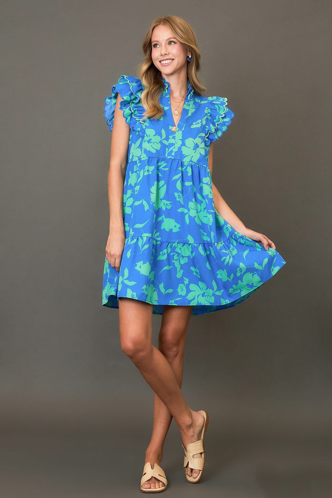 Robe Mini Bleue Grande Taille à Imprimé Floral Bicolore et Manches Volantes, Robe Élégante Grande Taille