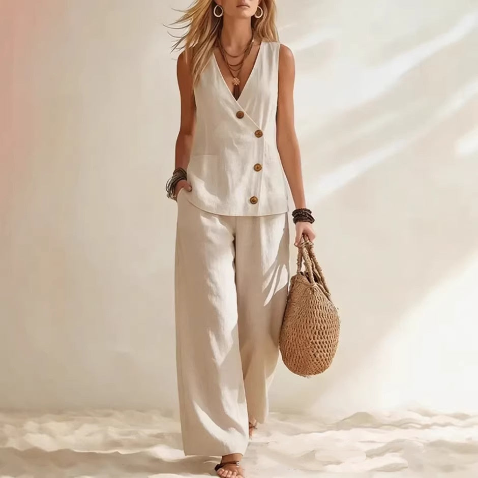 Ensemble gilet cardigan boutonné et pantalon pour femme – Deux pièces sans manches