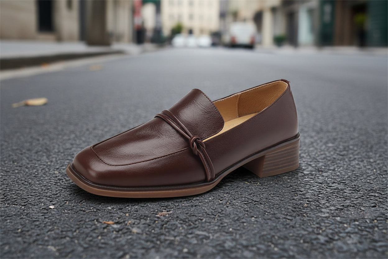 Chaussures en cuir rétro minimalistes à talon mi-haut pour femme