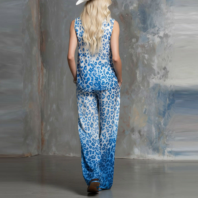 Ensemble deux-pièces chemise sans manches et pantalon amples à imprimé léopard
