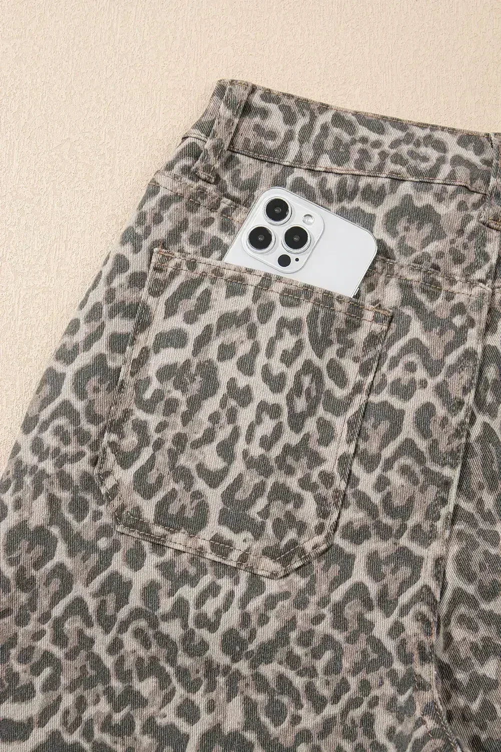 Jean Léopard Marron Taille Haute Ourlet Effiloché