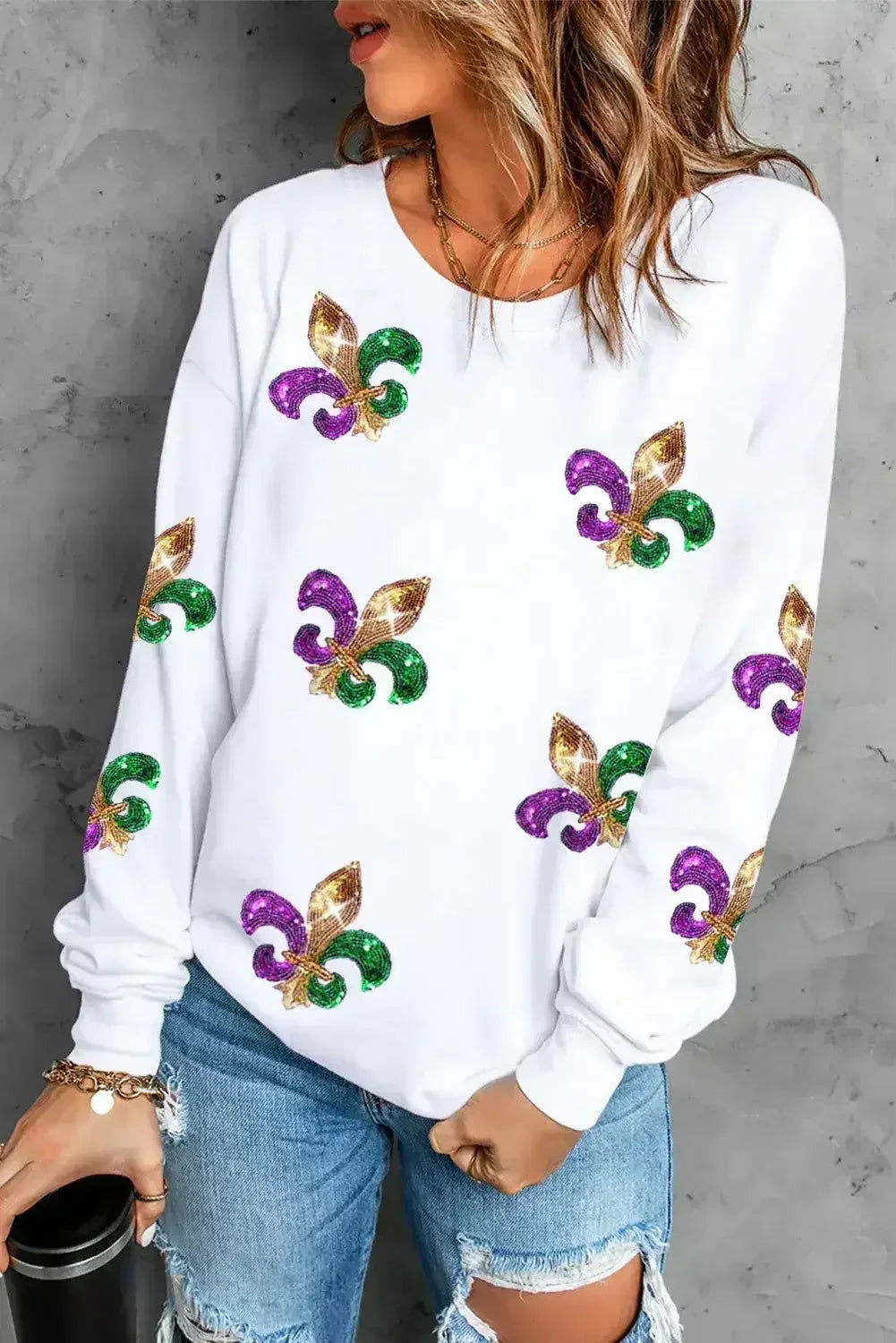 Sweat-shirt ras du cou de Mardi Gras à sequins blancs
