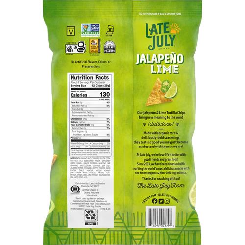 Chips tortilla Jalapeño et citron vert Late July Snacks, sac de 221 g