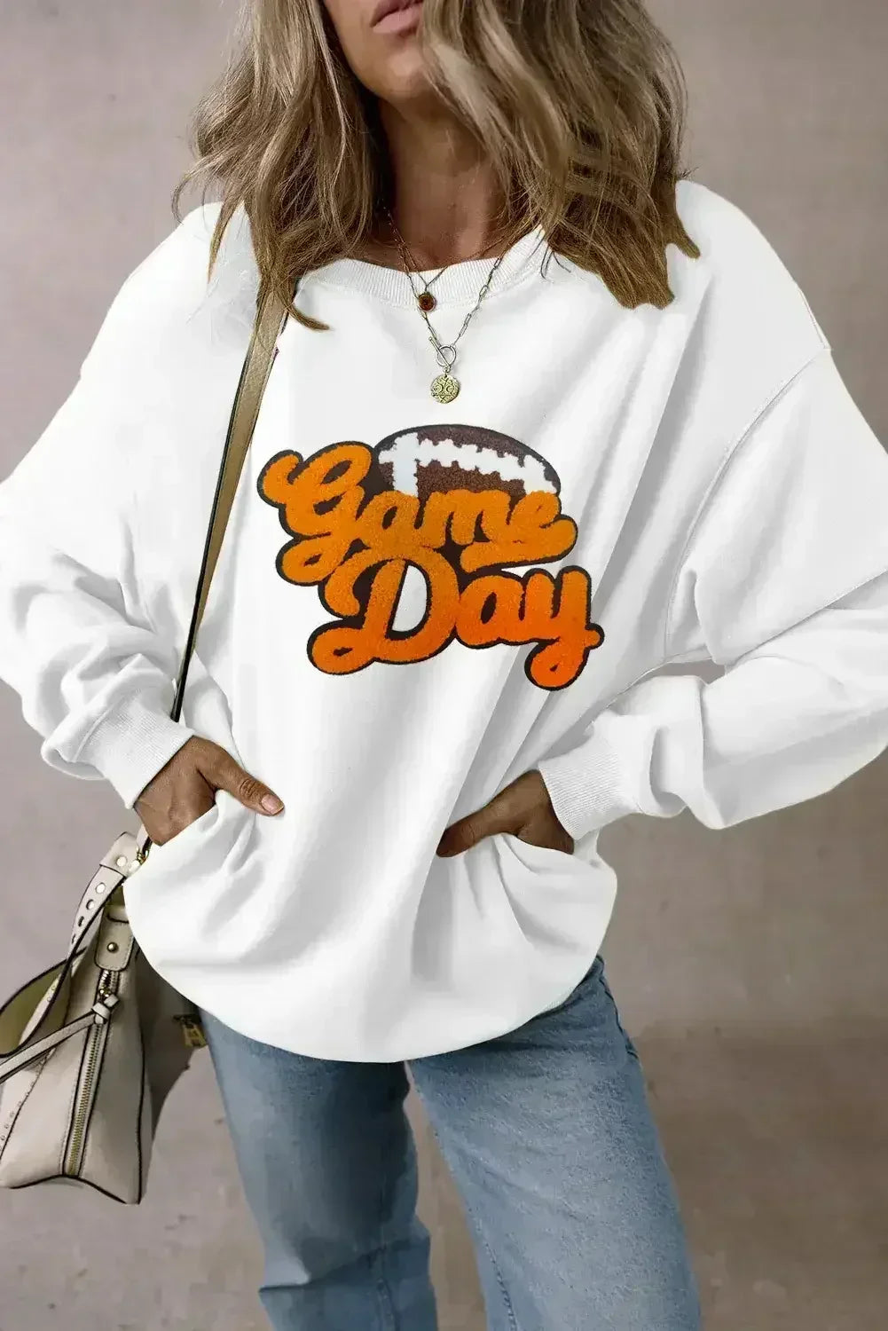 Sweat-shirt pull en chenille blanche à motif rugby et football pour les jours de match