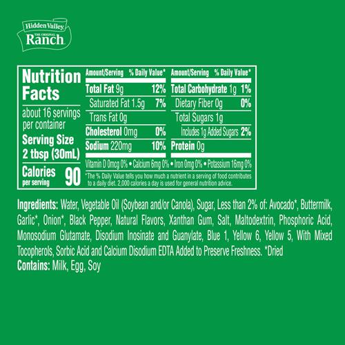 Sauce et vinaigrette ranch avocat Hidden Valley, bouteille de 473 ml (l'emballage peut varier)