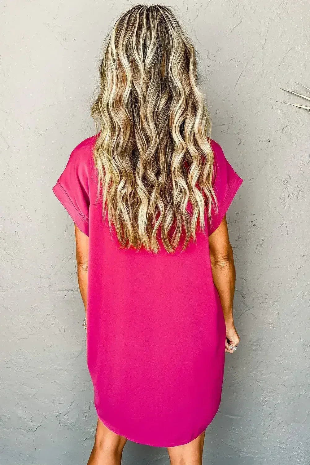 Robe T-shirt Décontractée Boutonnée Col Rose Rouge