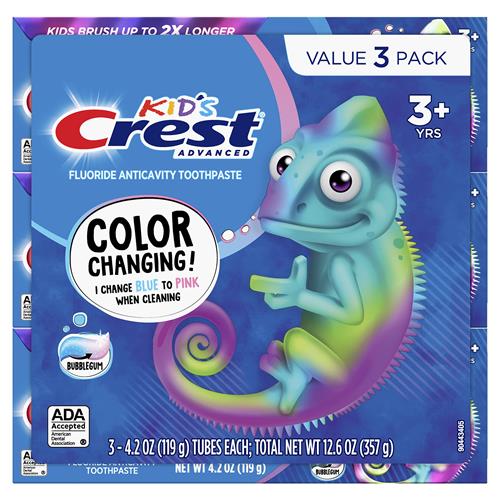 Dentifrice au fluor Crest Advanced Kids, saveur bubblegum, 120 g, lot de 3, dentifrice anti-caries à changement de couleur