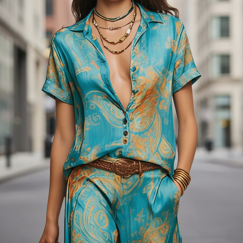 Ensemble deux pièces bohème imprimé pour femme – chemise et pantalon à manches 3/4