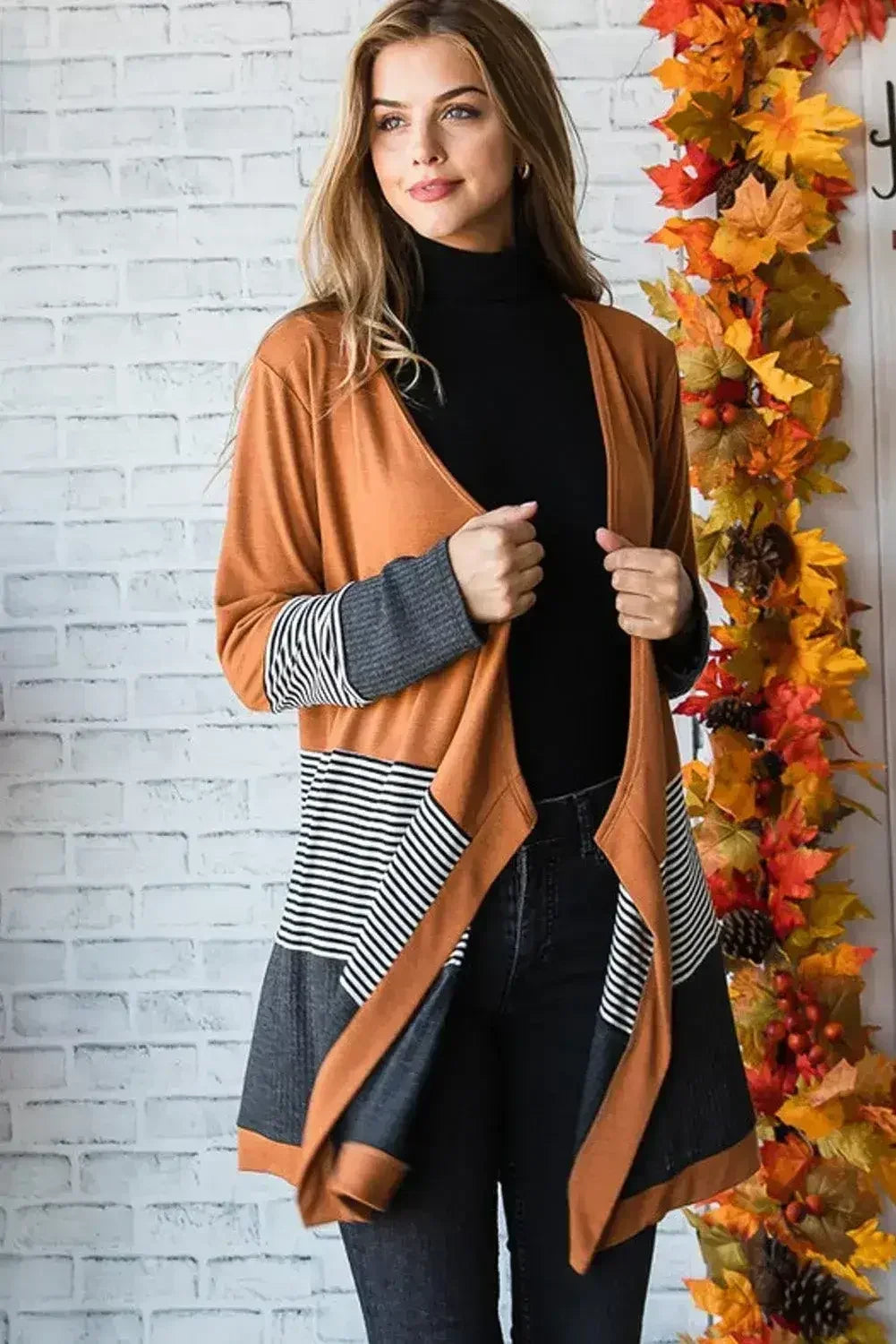Gilet ouvert patchwork rayé color-block orange