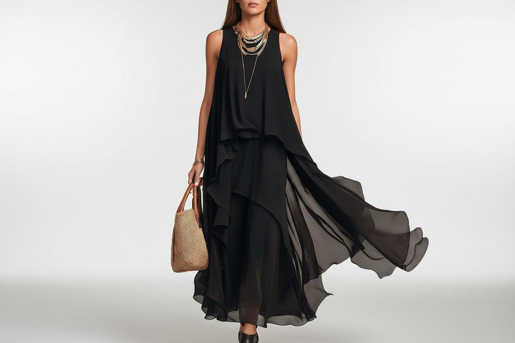 Robe longue sans manches en mousseline avec volants asymétriques – Noir, du TP au TTG