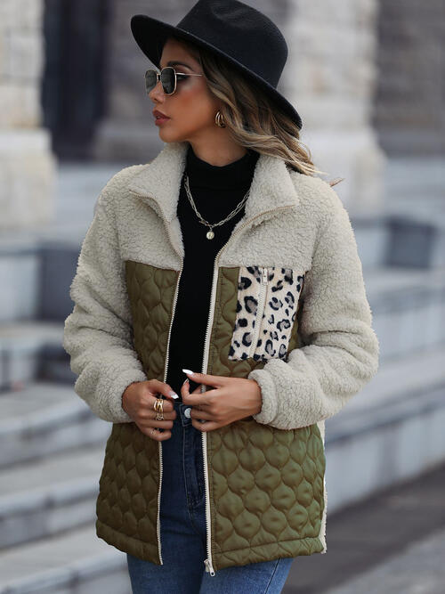 Veste zippée unique à imprimé léopard et blocs de couleur pour l'automne, Veste légère tendance avec poches, Charmante veste d'hiver