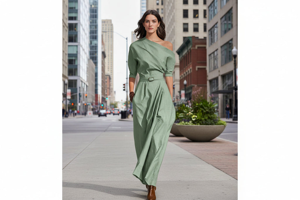 Robe longue asymétrique pour femme – Modèle à épaule unique et taille cintrée