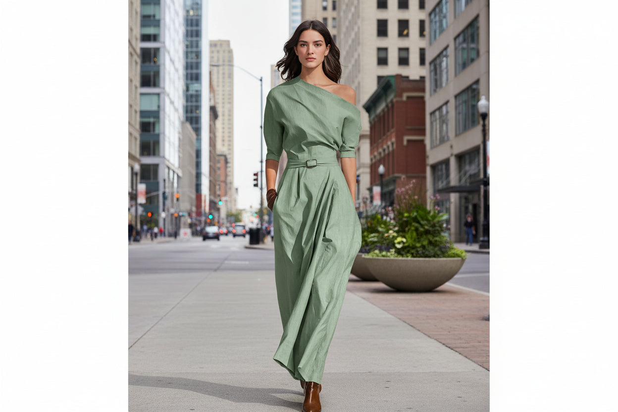 Robe longue asymétrique pour femme – Modèle à épaule unique et taille cintrée