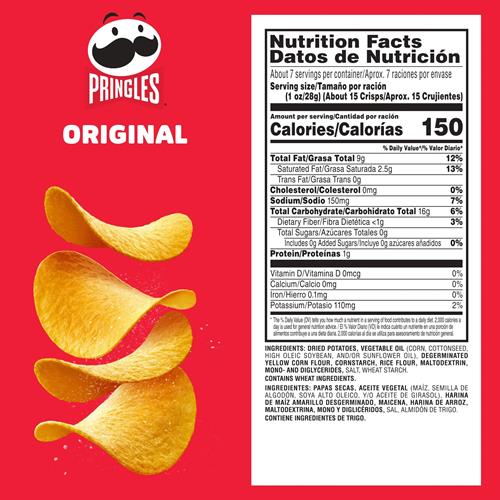 Tuiles de pommes de terre Pringles, collations pour le déjeuner, collations à emporter, pour les fêtes, Original, boîte de 193 g (1 boîte)