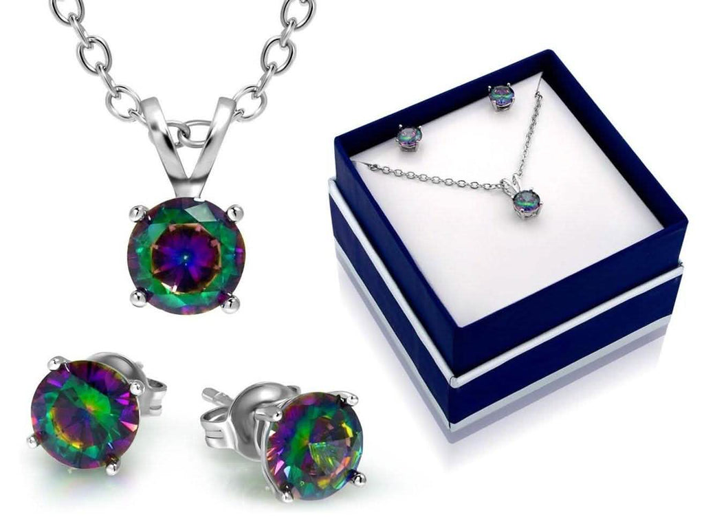 Parure collier et boucles d'oreilles classiques en topaze arc-en-ciel ronde 3CTW par MUIBLU Gems