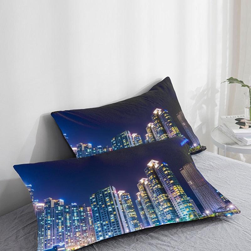 Housses de coussin 3D HD, motif paysage urbain, pour bâtiment élevé, décoration d'intérieur, en coton et lin, carrées, pour canapé