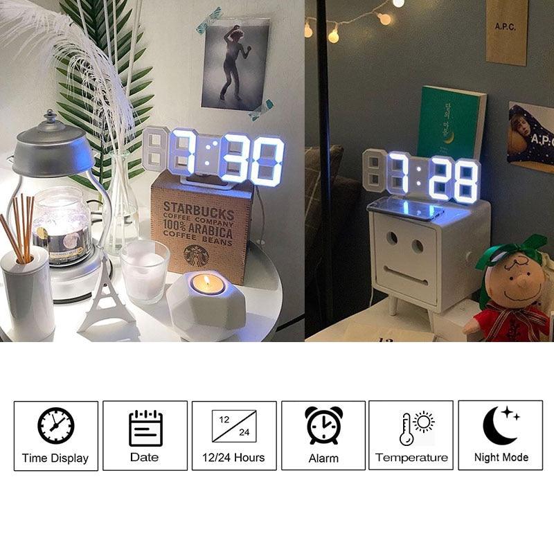 Grande Horloge Murale Numérique 3D LED, Horloge Murale LED 3D avec Télécommande, Affichage Heure/Date 12/24H, Veilleuse, Réveil, Luminosité Réglable, Affichage Température Date Heure Celsius, Veilleuse, Horloges de Table/Bureau, Réveil pour Salon