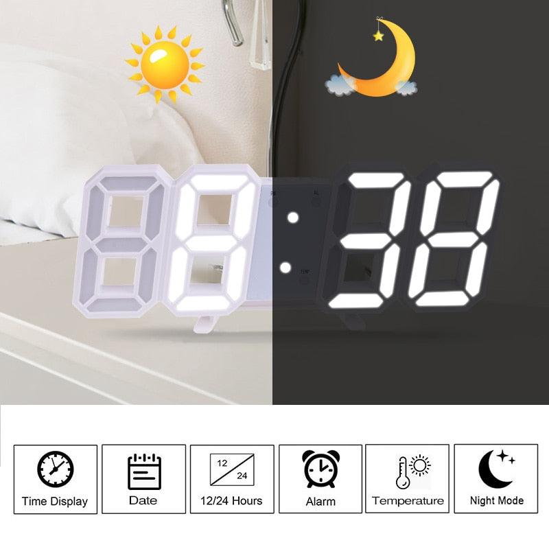 Grande Horloge Murale Numérique 3D LED, Horloge Murale LED 3D avec Télécommande, Affichage Heure/Date 12/24H, Veilleuse, Réveil, Luminosité Réglable, Affichage Température Date Heure Celsius, Veilleuse, Horloges de Table/Bureau, Réveil pour Salon