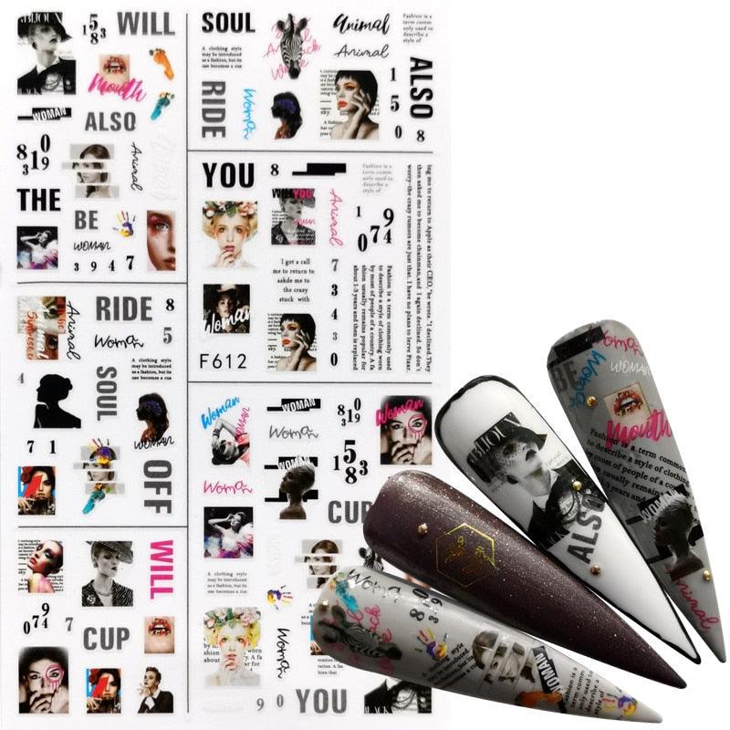 Décorations d'ongles 3D autocollantes avec motif flamant rose, lettre russe noire, décalcomanies, accessoires de manucure, décalcomanies holographiques, autocollants adhésifs pour ongles, fournitures d'ongles 3D, transfert, autocollants pour manucure