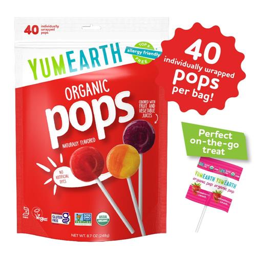 Yumearth Sucettes Biologiques Assorties, 40 Sucettes aux Saveurs de Fruits Préférées, hypoallergéniques, Sans Gluten, Sans OGM, Véganes, Sans Arômes ni Colorants Artificiels