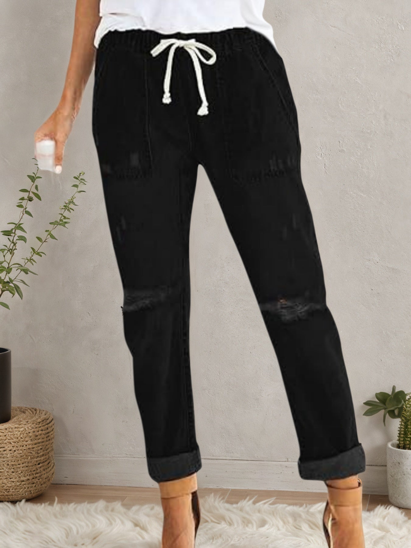 Jean Femme Délavé et Extensible – Jean Jogger en Denim Décontracté à Taille Élastique
