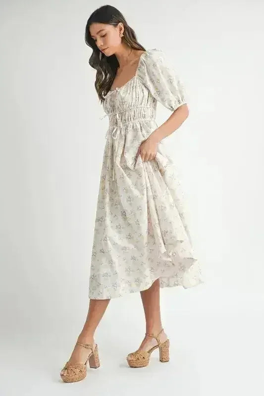 Robe midi MABLE à manches bouffantes avec cordon de serrage et motif floral