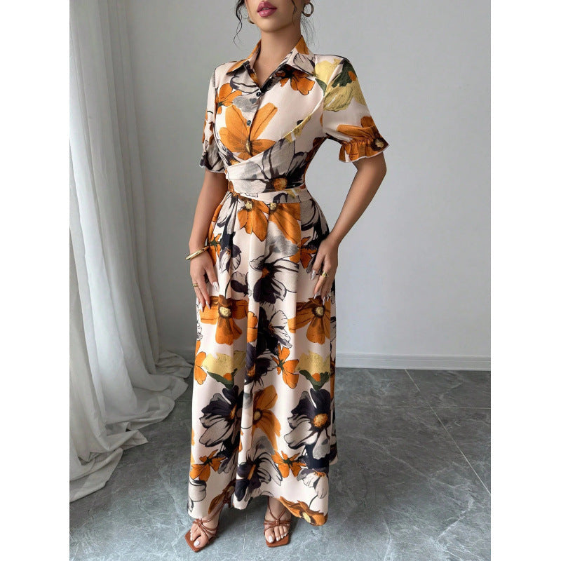 Robe pour femme à manches bouffantes imprimées – Col chemisier et taille nouée croisée