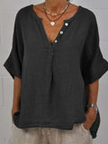 Chemise boutonnée en coton et lin à col en V pour femme