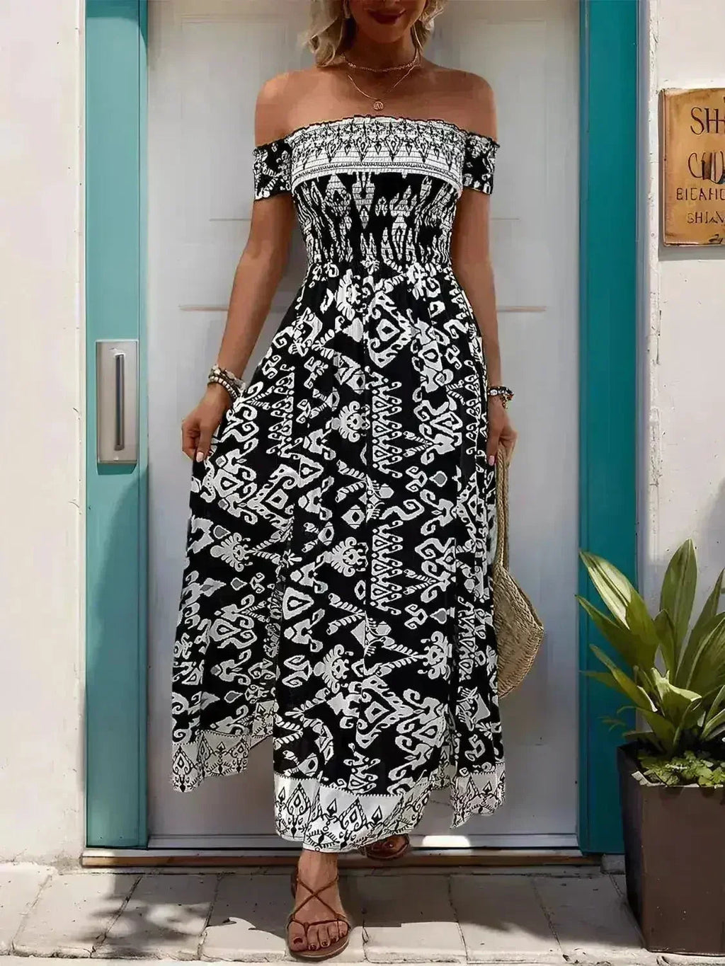 Off-Shoulder Slit Dress - Flowy Viscose Dress | Femstylo