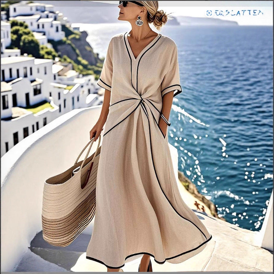 Robe longue imprimée rayée – Robe de plage de vacances à manches courtes