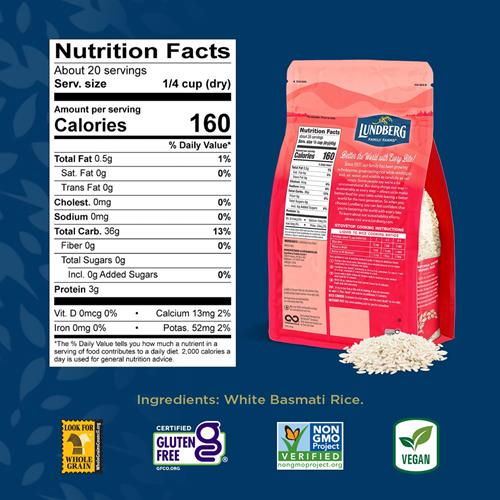 Riz Basmati Lundberg, Riz Blanc Long Grain – Non Collant, Moelleux, Goût de Noisette, Riz Aromatique, Aliment Végétalien, Repas Sains, Riz Sans Gluten Cultivé en Californie, 907 g