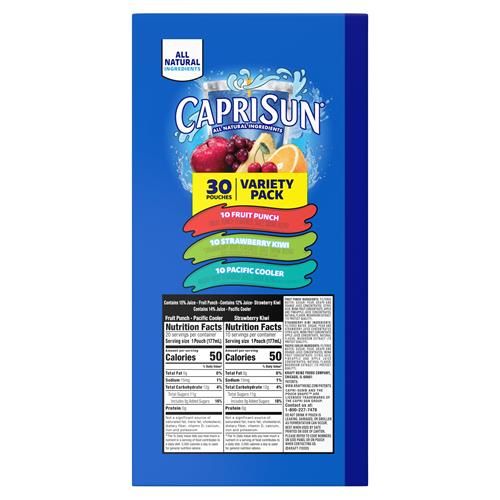 Capri Sun Lot de 30 pochettes de 17,7 cl de boisson aux jus de fruits aromatisés : Fruit Punch, Fraise Kiwi et Pacific Cooler