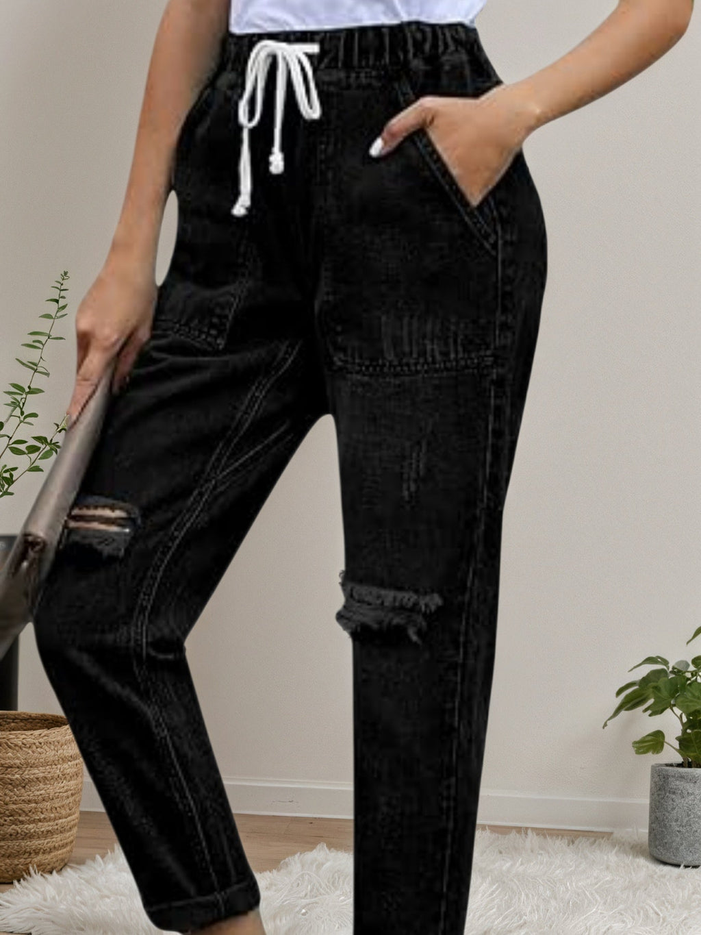 Jean Femme Délavé et Extensible – Jean Jogger en Denim Décontracté à Taille Élastique
