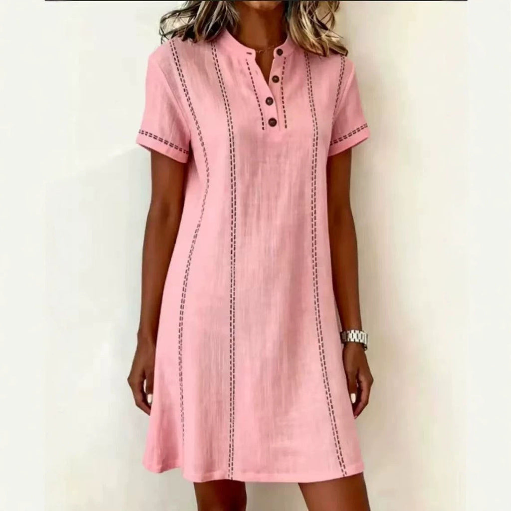Robe midi femme ample à col montant, imprimée et boutonnée – Manches 3/4