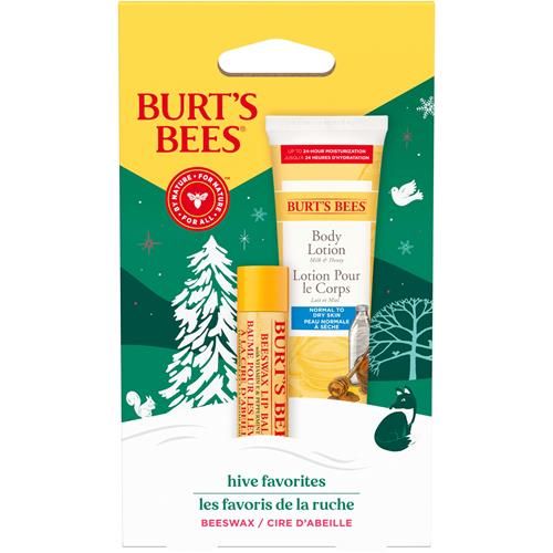 Coffret Cadeau de Noël Burt's Bees Hive Favorites Cire d'Abeille, Baume à Lèvres à la Cire d'Abeille et Lait Corporel Format Voyage au Lait et au Miel