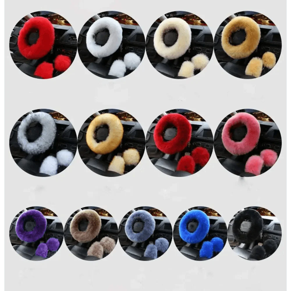 Lot de 3 Housses de Volant en Laine et Fourrure Douce pour l'Hiver – 16 Couleurs – Couvre Frein à Main et Levier de Vitesse Universels – Accessoires Auto