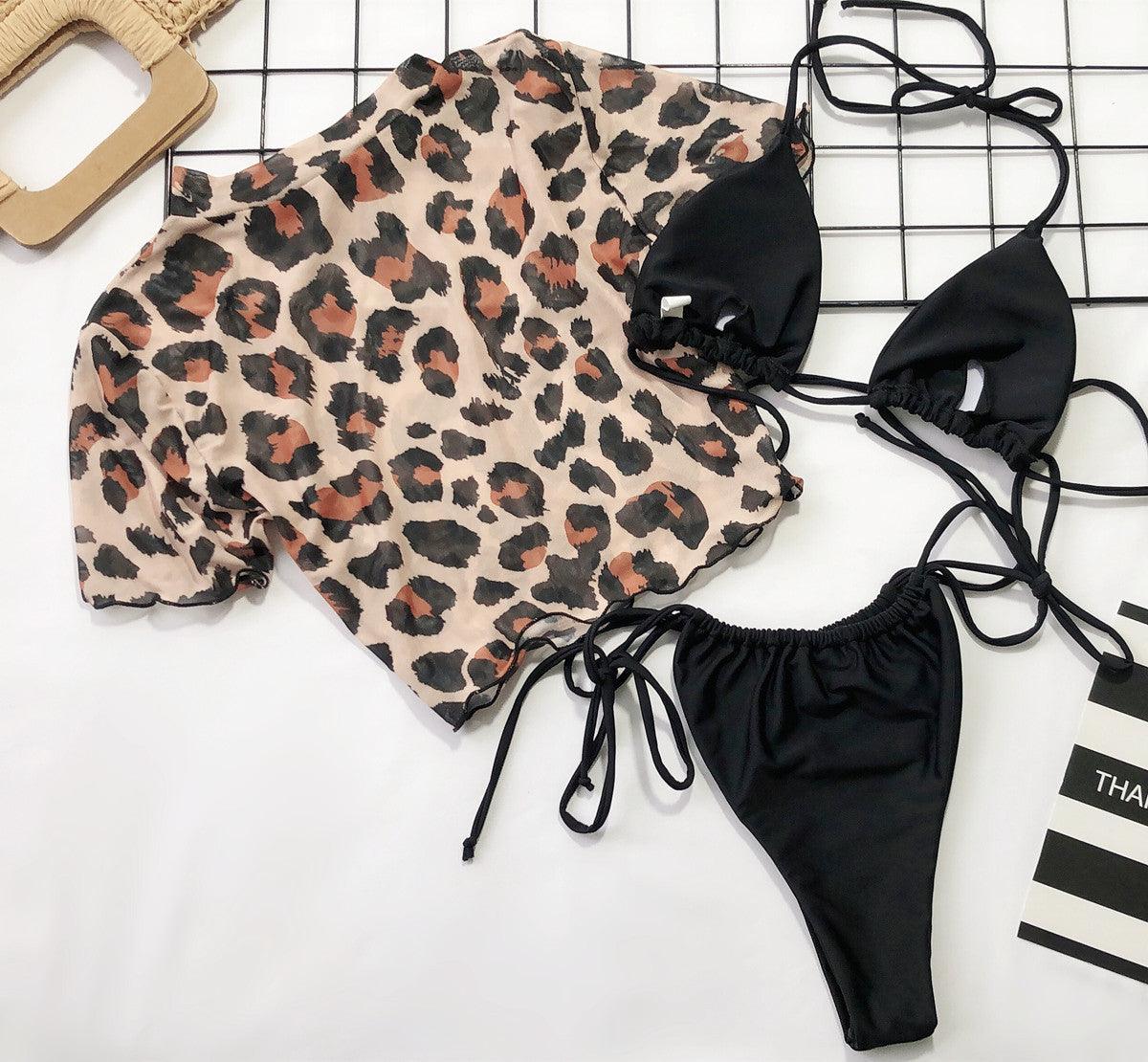 Maillot de bain 3 pièces léopard pour femme - Bikini - Plage - Vacances - Manches courtes - Ensemble bikini 3 pièces à manches courtes imprimé léopard - Micro-triangle - Maillot de bain