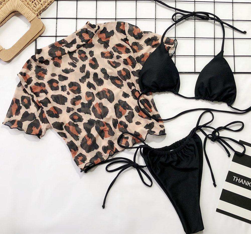 Maillot de bain 3 pièces léopard pour femme - Bikini - Plage - Vacances - Manches courtes - Ensemble bikini 3 pièces à manches courtes imprimé léopard - Micro-triangle - Maillot de bain