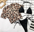 Maillot de bain 3 pièces léopard pour femme - Bikini - Plage - Vacances - Manches courtes - Ensemble bikini 3 pièces à manches courtes imprimé léopard - Micro-triangle - Maillot de bain