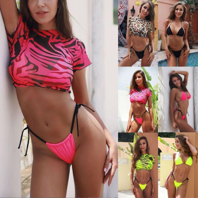Maillot de bain 3 pièces léopard pour femme - Bikini - Plage - Vacances - Manches courtes - Ensemble bikini 3 pièces à manches courtes imprimé léopard - Micro-triangle - Maillot de bain