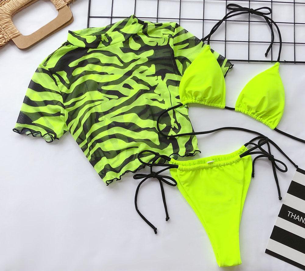 Maillot de bain 3 pièces léopard pour femme - Bikini - Plage - Vacances - Manches courtes - Ensemble bikini 3 pièces à manches courtes imprimé léopard - Micro-triangle - Maillot de bain